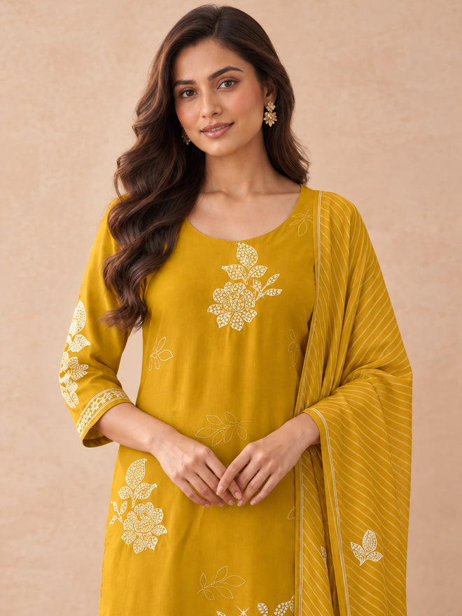 Women's Mustard Yellow Floral Kurta Set with Dupatta