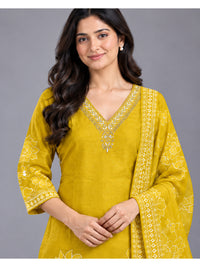 Yellow Floral Printed Cotton-Silk Kurta Set with Dupatta