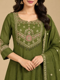 Olive Green Embroidered Chanderi-Silk Anarkali Set with Dupatta