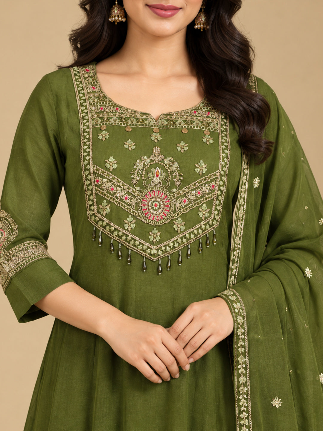 Olive Green Embroidered Chanderi-Silk Anarkali Set with Dupatta