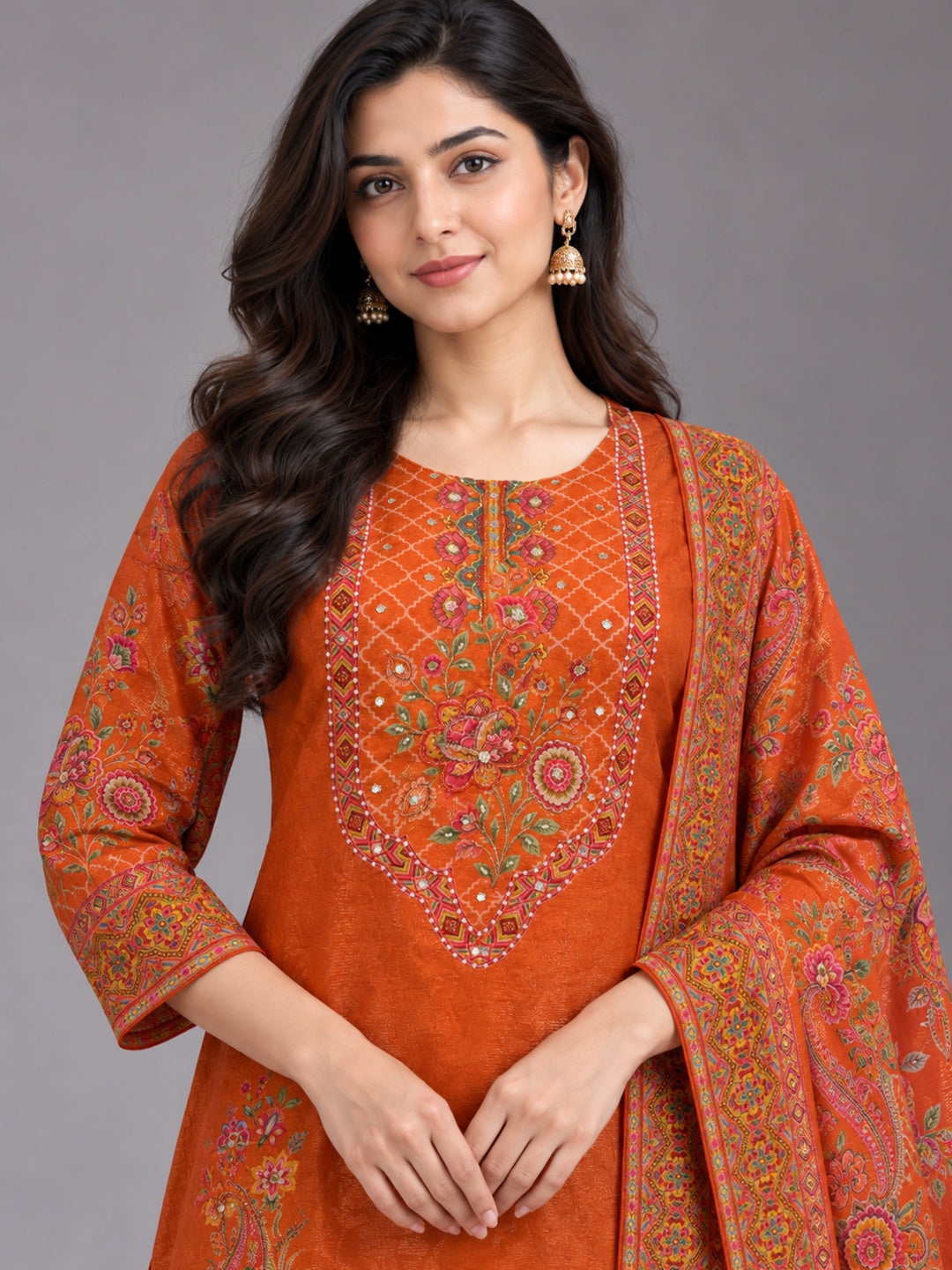 Rust Orange Floral Printed Cotton-Silk Kurta Set with Dupatta