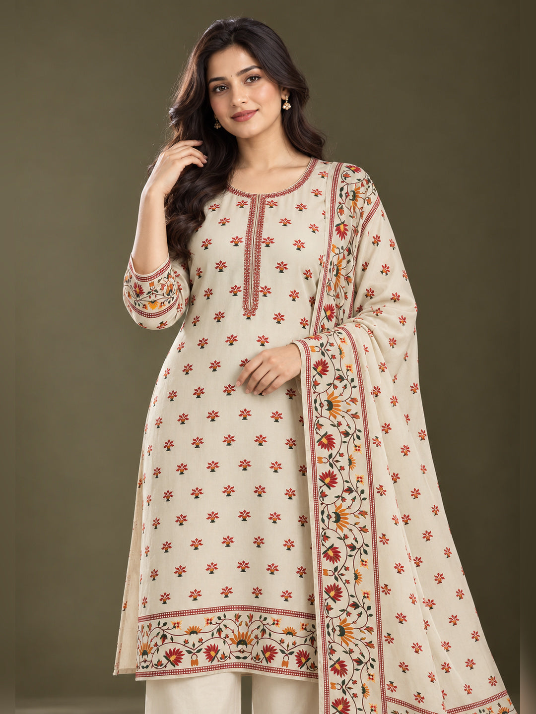 Women's Ivory Floral Printed Kurta Set with Dupatta