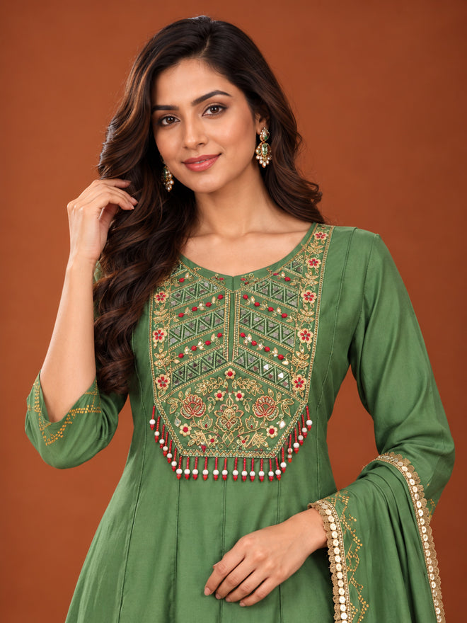 Green Embroidered Chanderi-Silk Anarkali Set with Dupatta