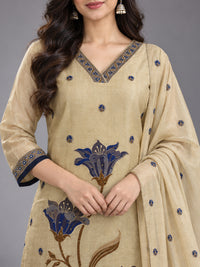 Beige and Navy Floral Kurta Set with Dupatta
