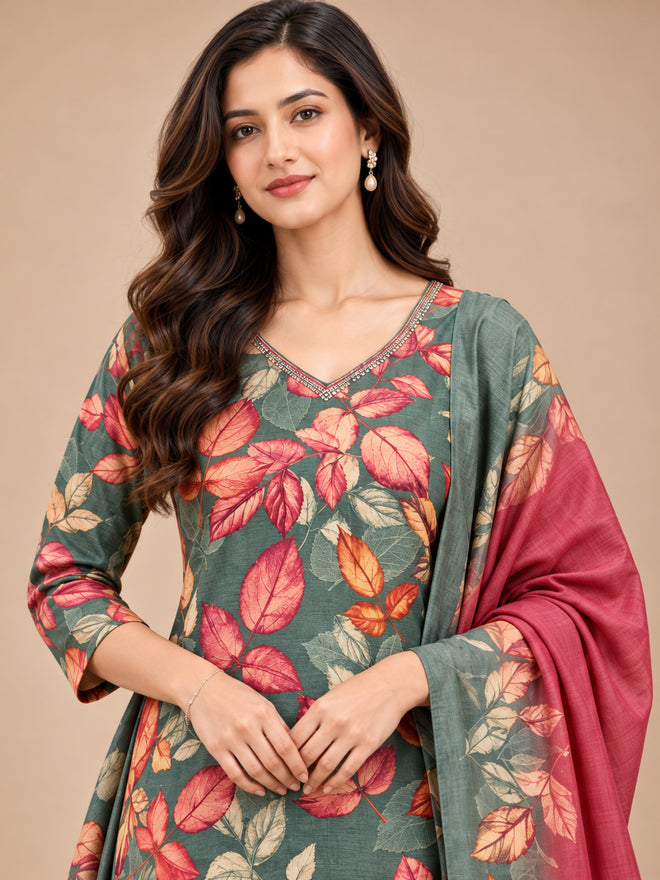 Women's Sage Green Leaf Printed Kurta Set with Dupatta