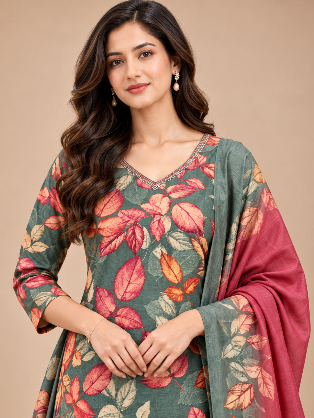 Women's Sage Green Leaf Printed Kurta Set with Dupatta
