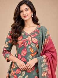 Women's Sage Green Leaf Printed Kurta Set with Dupatta