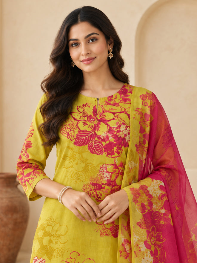 Women's Yellow & Magenta Floral Printed Kurta Set with Dupatta