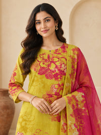Women's Yellow & Magenta Floral Printed Kurta Set with Dupatta