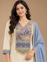 Ivory Floral Yoke Kurta Set with Blue Dupatta