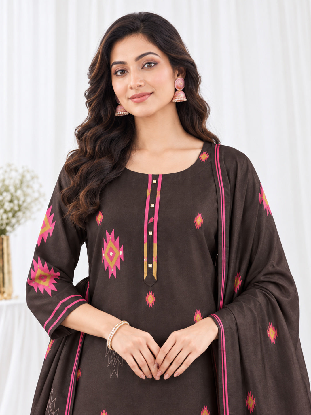 Women's Dark Brown Geometric Printed Kurta Set with Dupatta