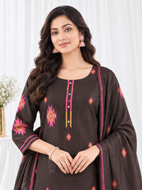 Women's Dark Brown Geometric Printed Kurta Set with Dupatta