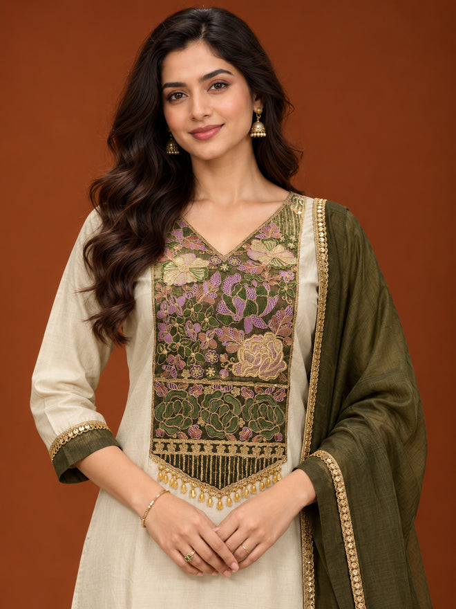 Ivory Floral Yoke Kurta Set with Olive Green Dupatta