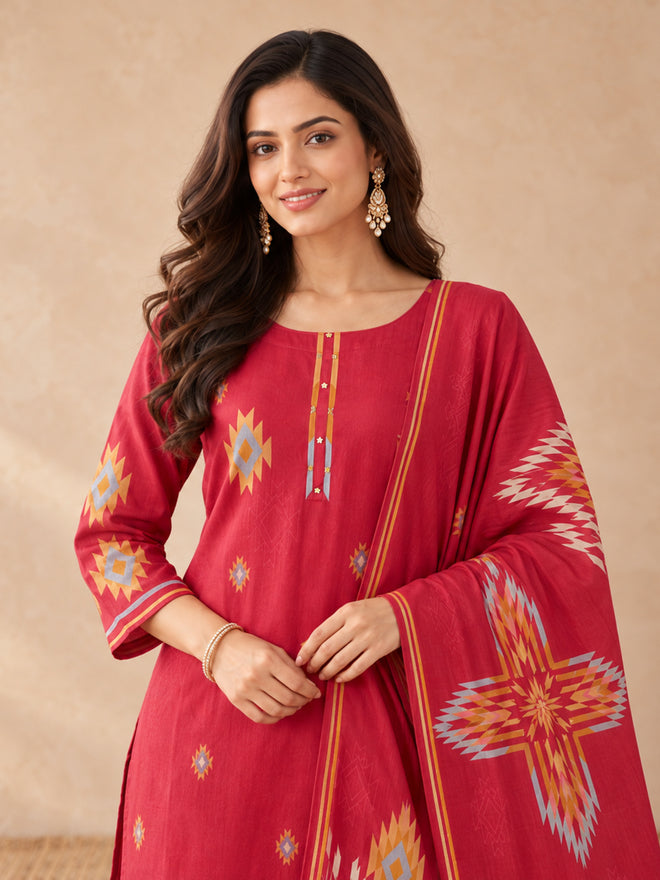 Women's Red Geometric Printed Kurta Set with Dupatta