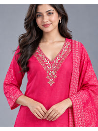 Pink Floral Printed Cotton- Silk Kurta Set with Dupatta