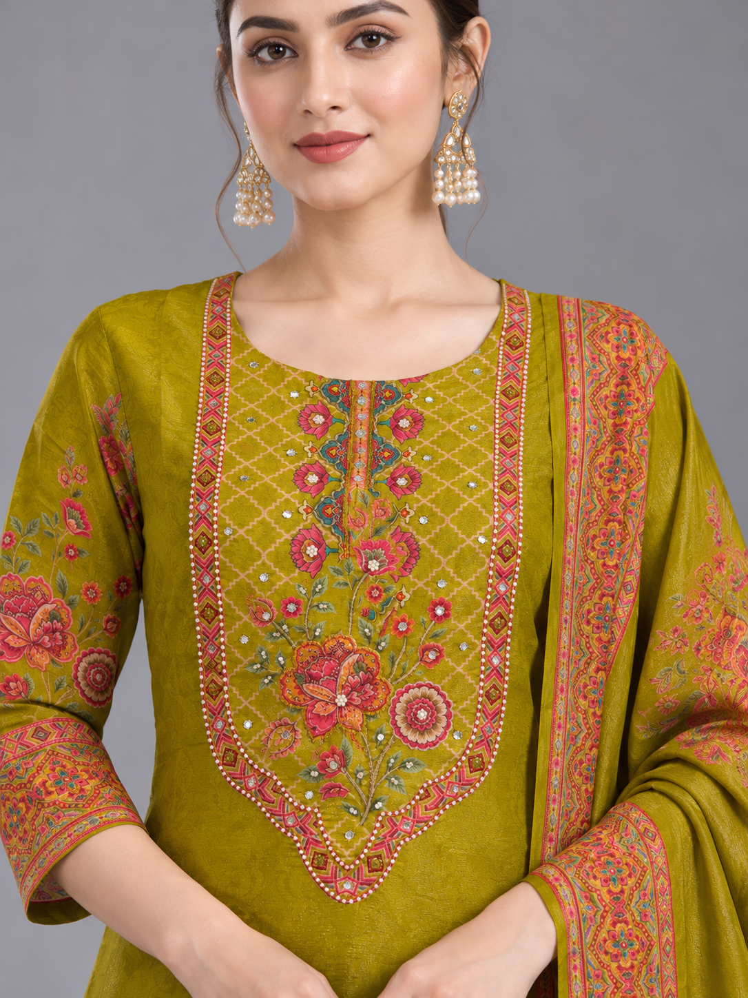 Women Floral Embroidered Cotton-Silk Kurta with Trousers & With Dupatta