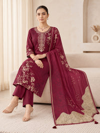 Women's Wine Floral Kurta Set with Dupatta