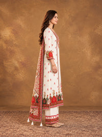 Off white  Floral Embroidered Cotton-Silk Kurta with Trousers & With Dupatta