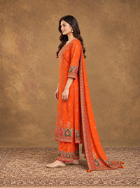 Orange Floral Embroidered Cotton-Silk Kurta with Trousers & With Dupatta