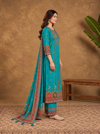 Turquoise Floral Embroidered Cotton-Silk Kurta with Trousers & With Dupatta