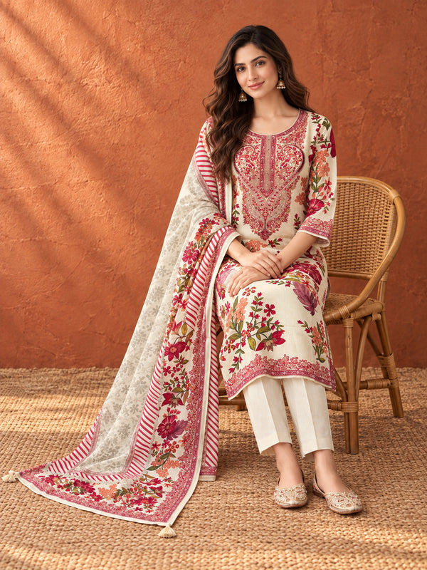 Ivory Floral Printed Kurta Set with Dupatta
