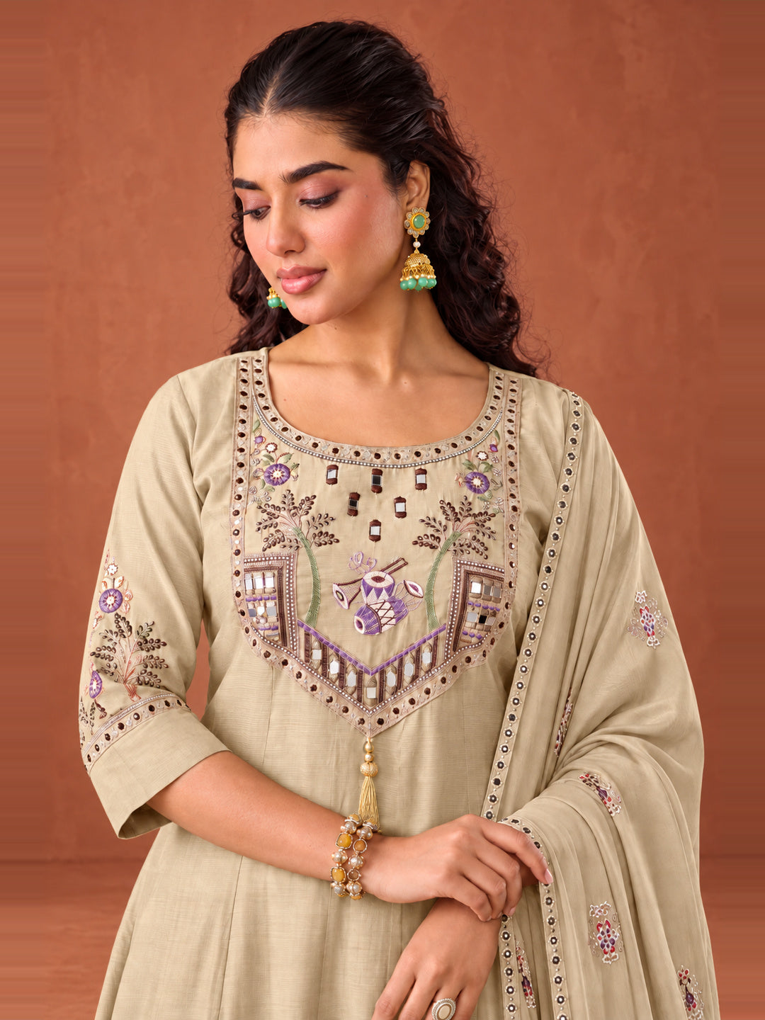 Beige Embroidered Chanderi-Silk Anarkali Set with Dupatta