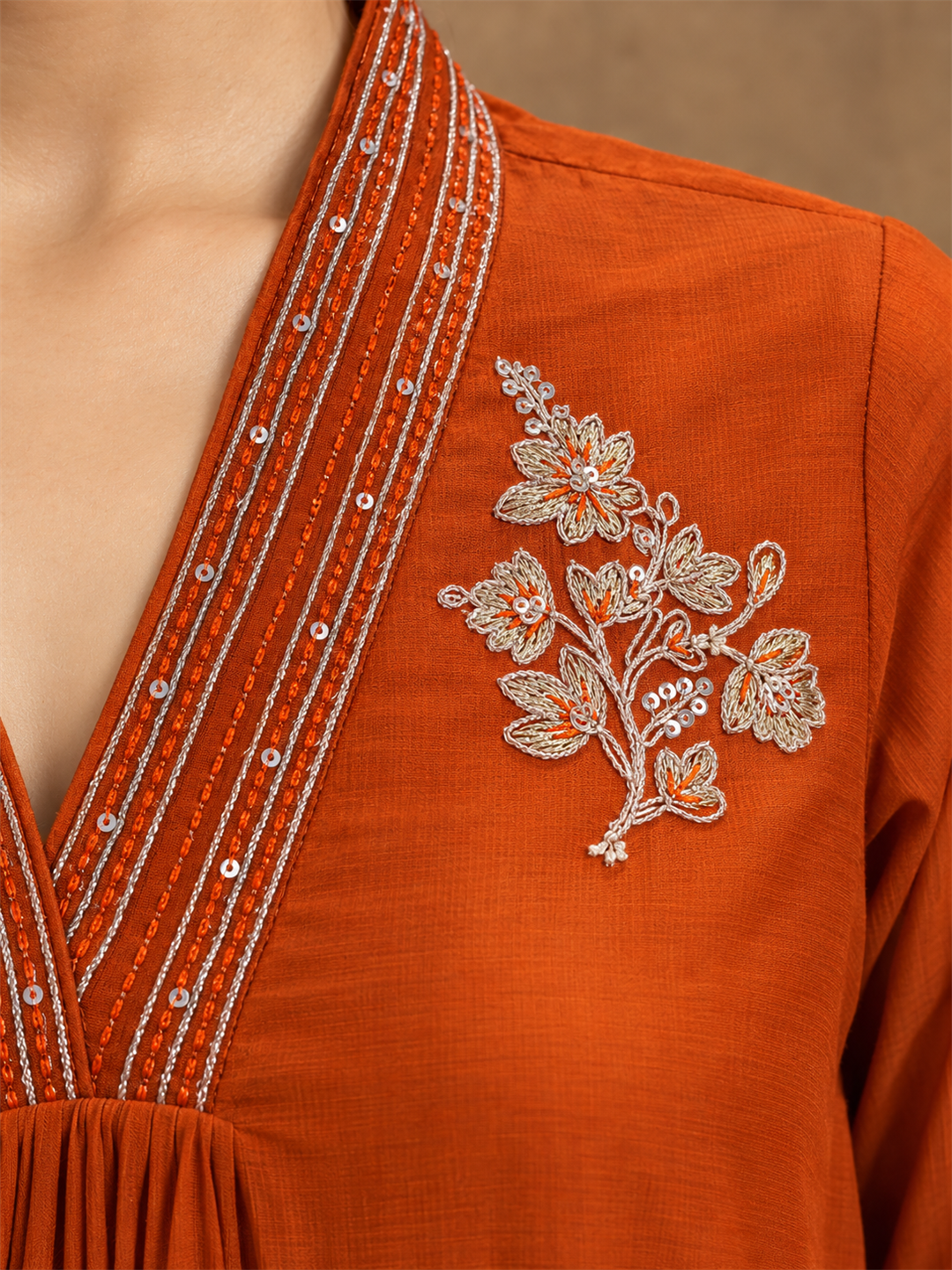 Rust Orange Mul Chanderi Embroidered Kurta Pant Set with Dupatta