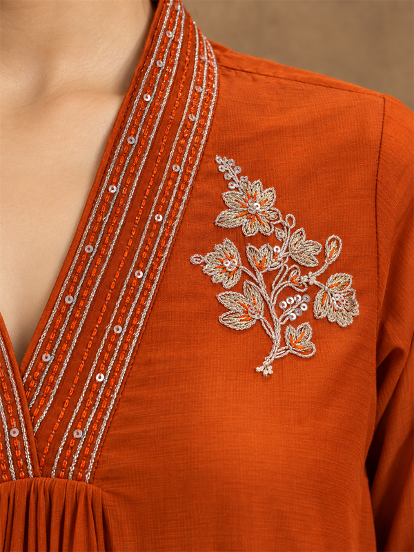 Rust Orange Mul Chanderi Embroidered Kurta Pant Set with Dupatta