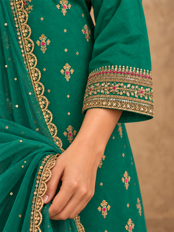 Emerald Green Embroidered Silk Blend Kurta Set with Dupatta