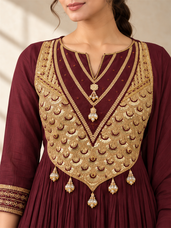 Wine Gold Embellished Silk Blend Anarkali Suit Set