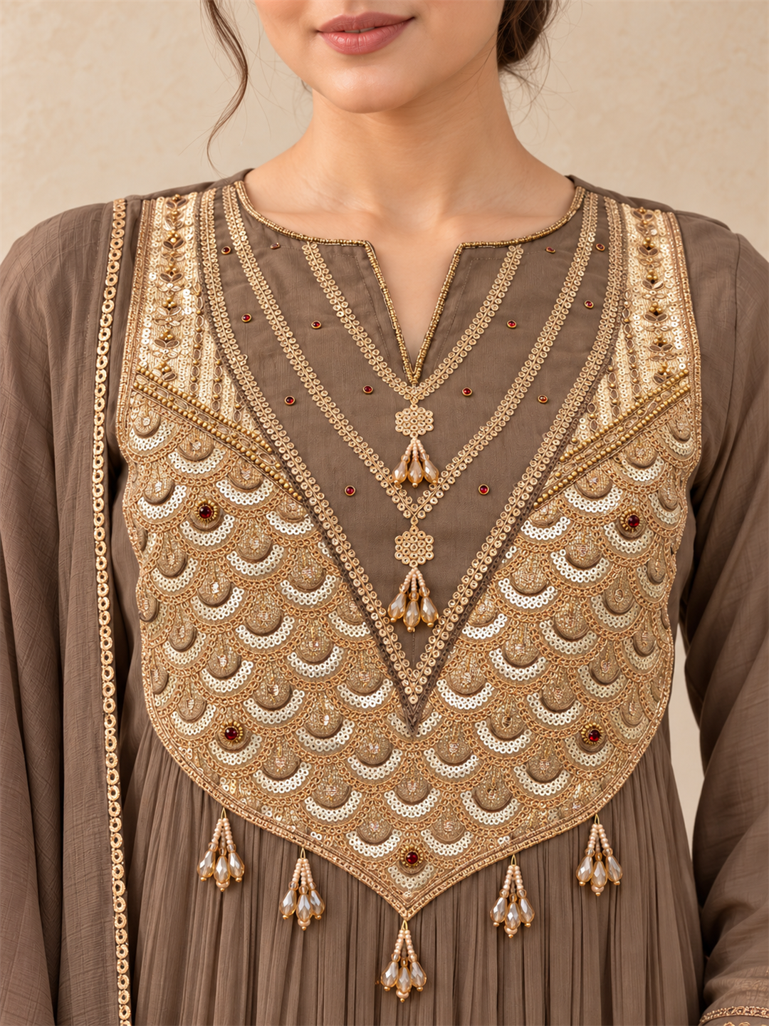 Taupe Gold Embellished Silk Blend Anarkali Suit Set