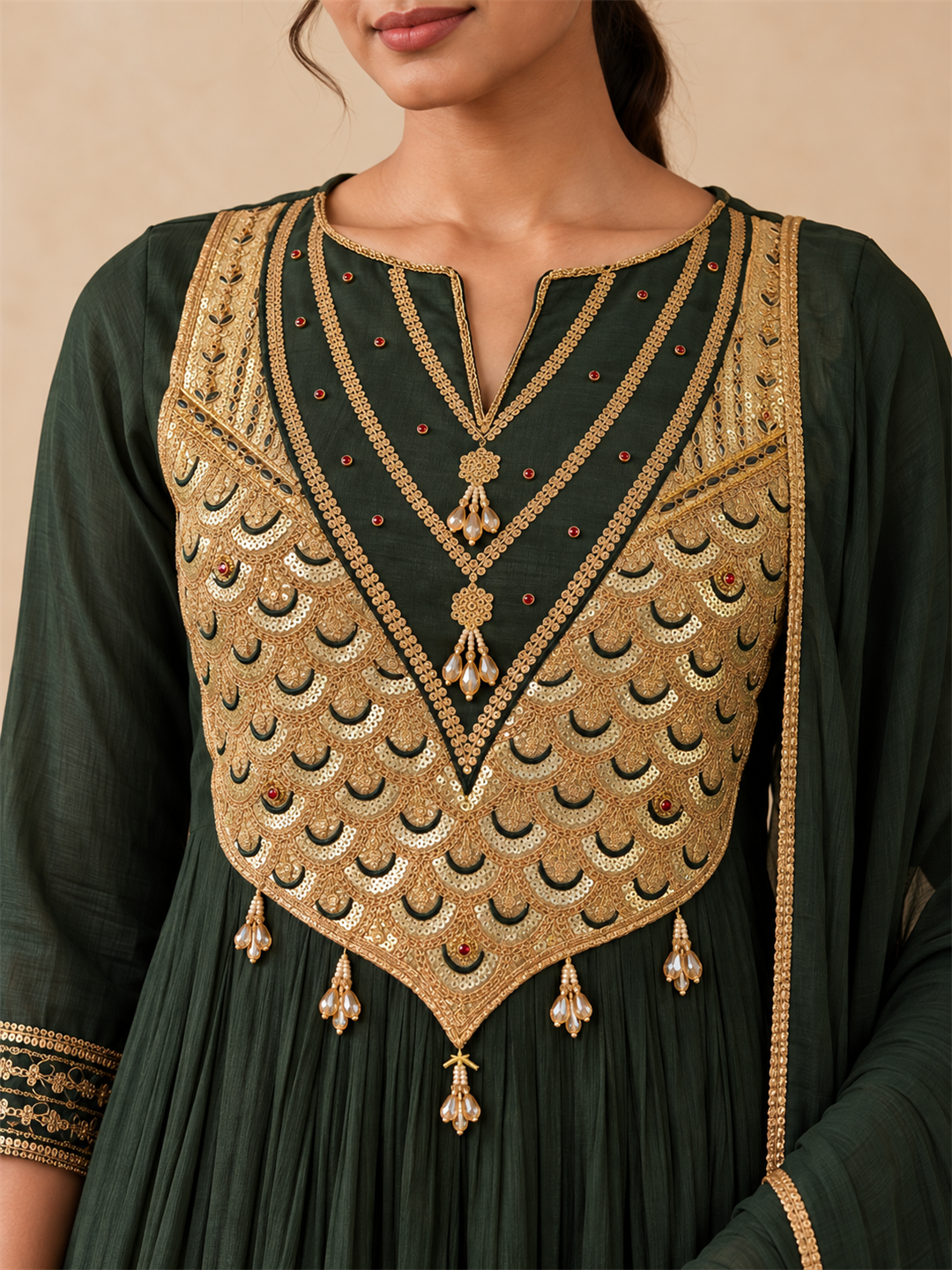 Forest Green Gold Embellished Silk Blend Anarkali Suit Set