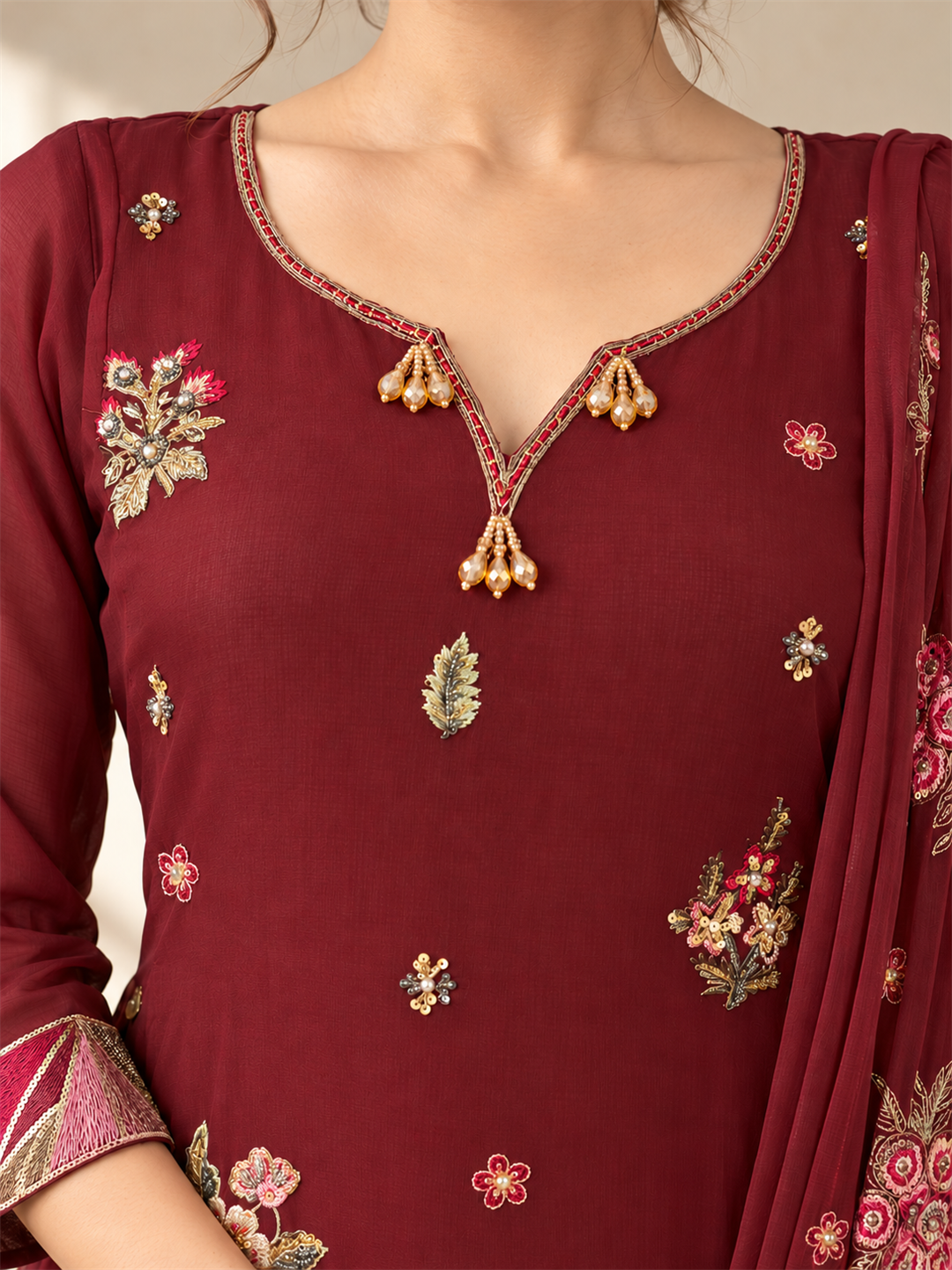 Maroon Floral Embroidered Viscose Rayon Suit Set