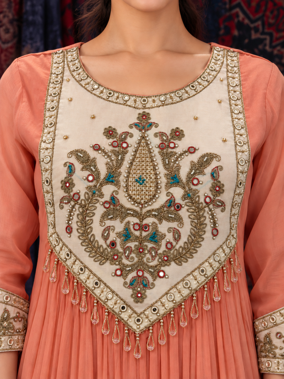 Peach Mul Chanderi Anarkali Suit Set with Embroidered Neckline and Dupatta