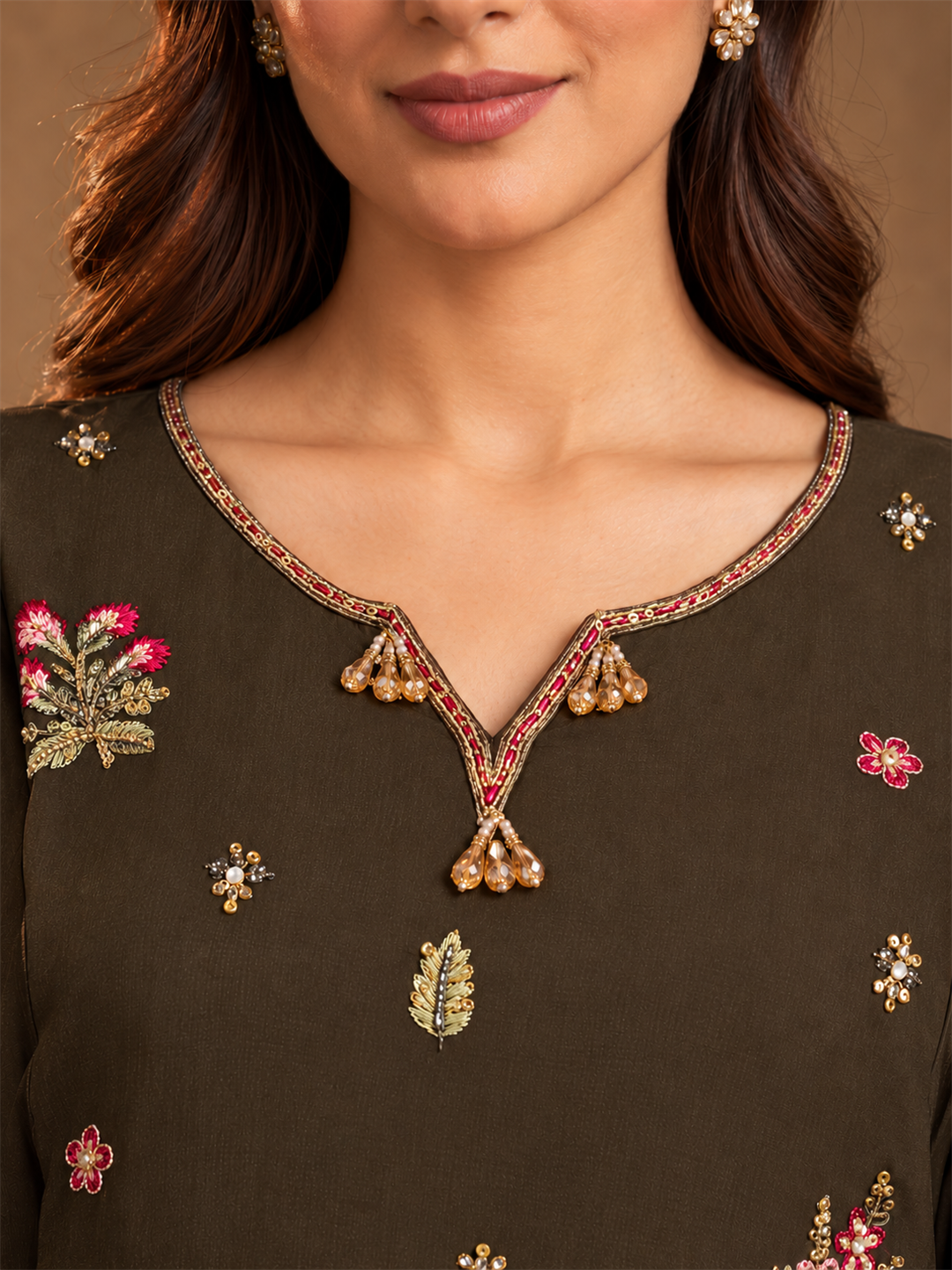 Dark Brown Floral Embroidered Viscose Rayon Suit Set