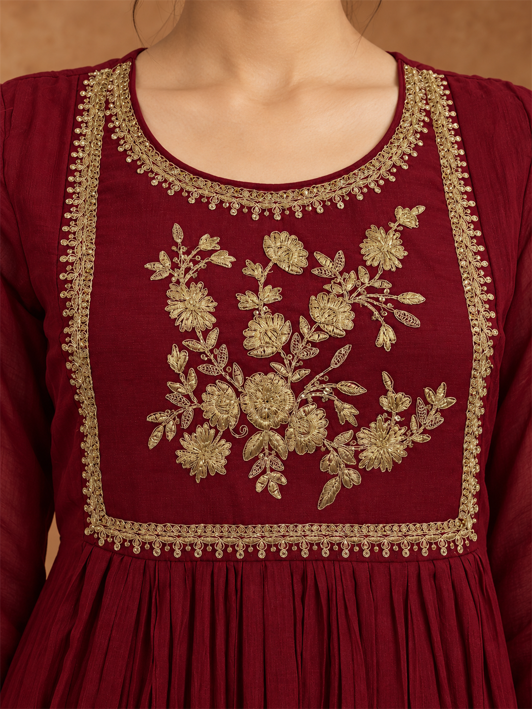 Maroon Embroidered Chanderi Silk Anarkali Suit Set with Dupatta