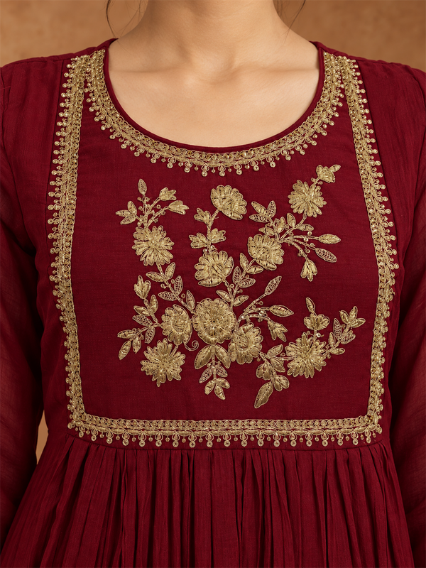 Maroon Embroidered Chanderi Silk Anarkali Suit Set with Dupatta