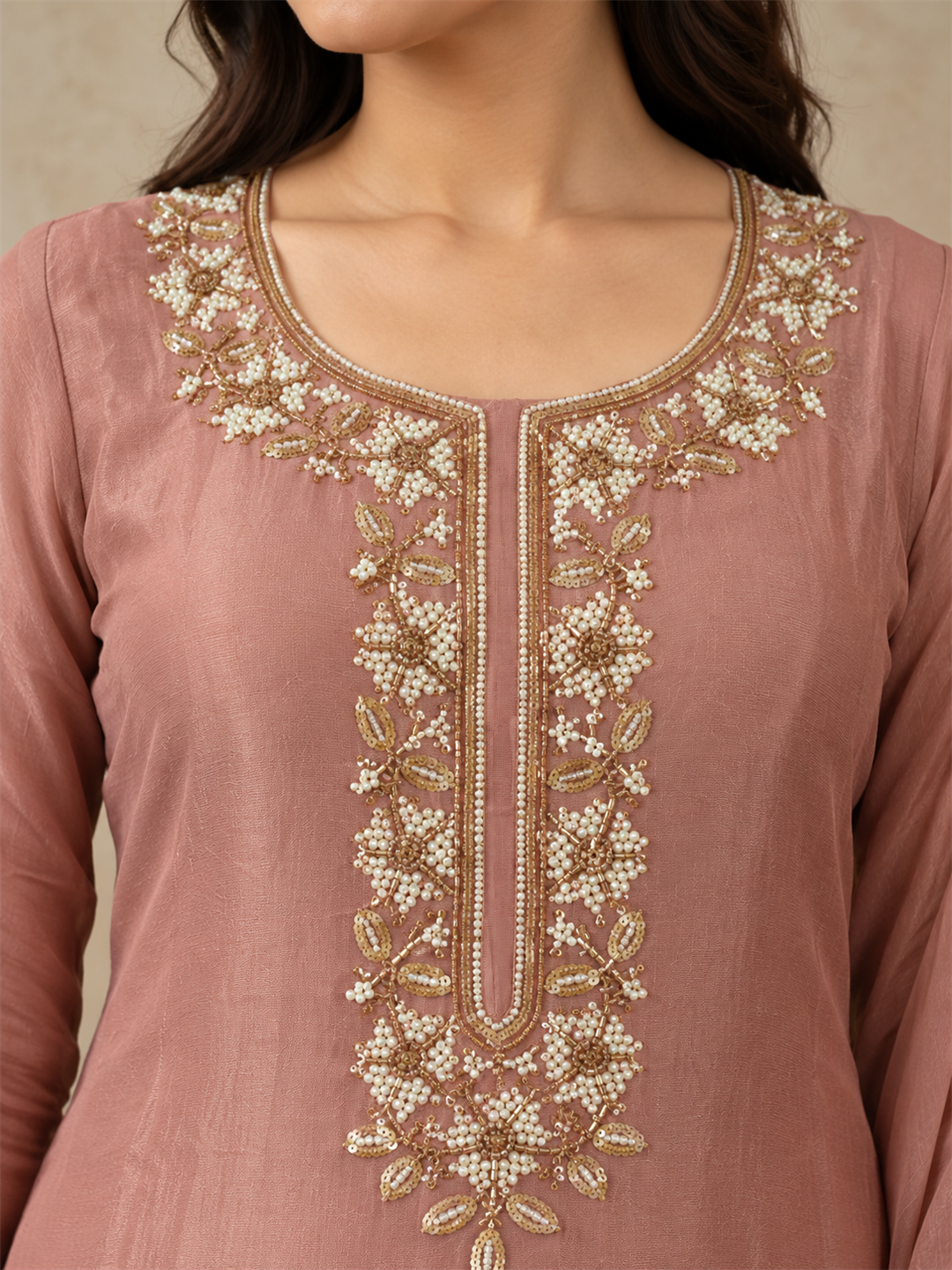 Dusty Rose Embroidered Chinon Palazzo Suit Set