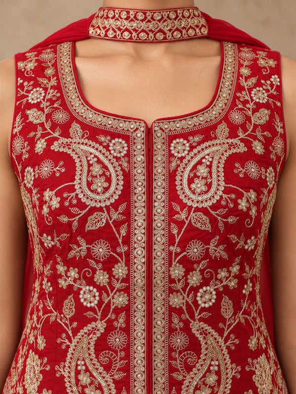 Red Embroidered Silk Sharara Set with Cape Dupatta