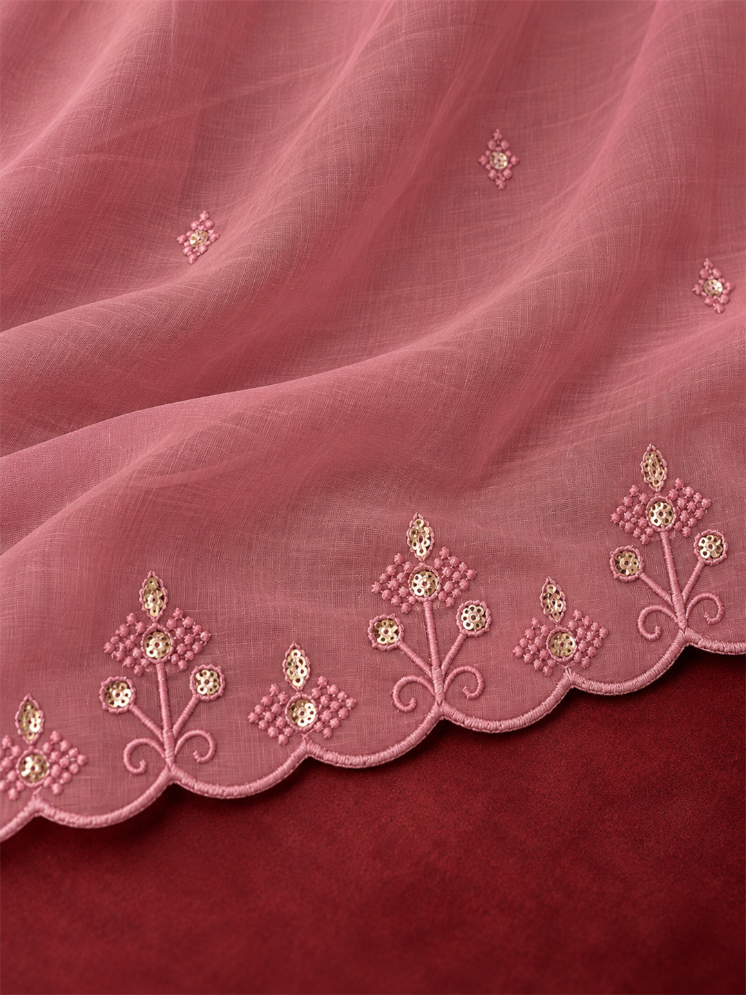 Dusty Rose Embroidered Silk Blend Suit Set with Scalloped Dupatta