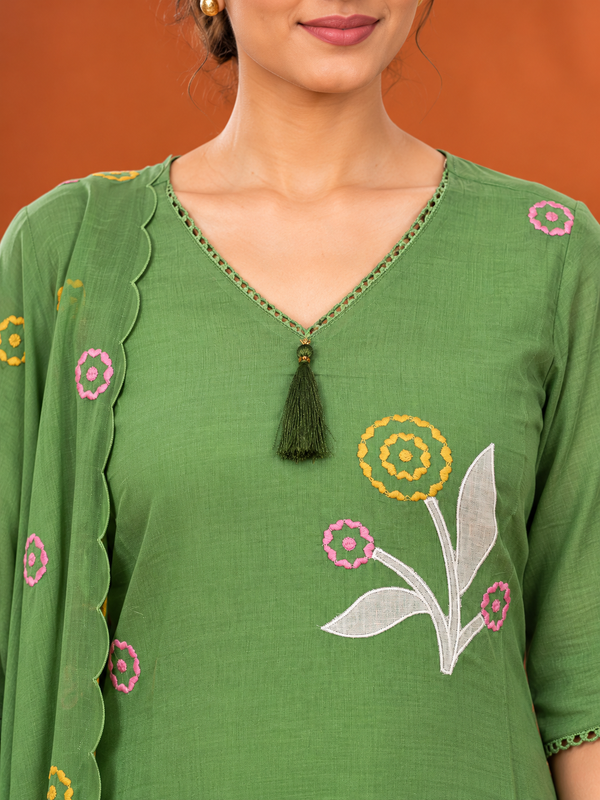 Sage Green Floral Embroidered Mul Chanderi Kurta Set with Dupatta