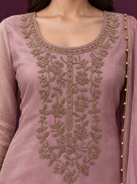 Mauve Pink Pure Silk Embroidered Punjabi Suit with Pearl-Trimmed Dupatta