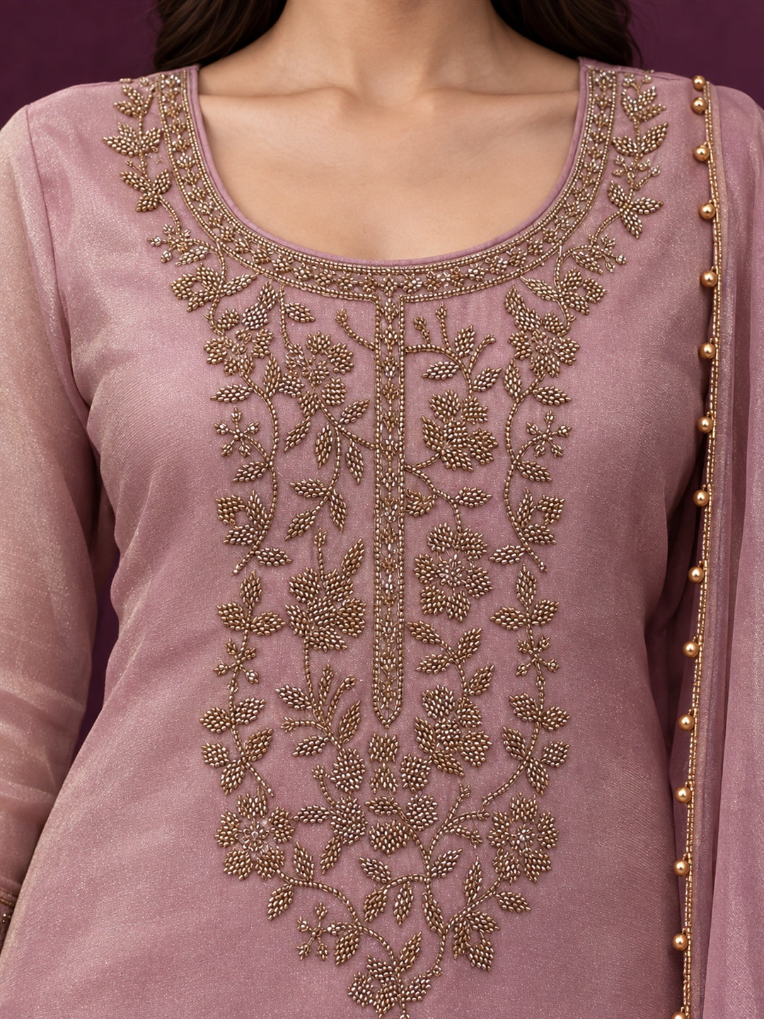 Mauve Pink Pure Silk Embroidered Punjabi Suit with Pearl-Trimmed Dupatta