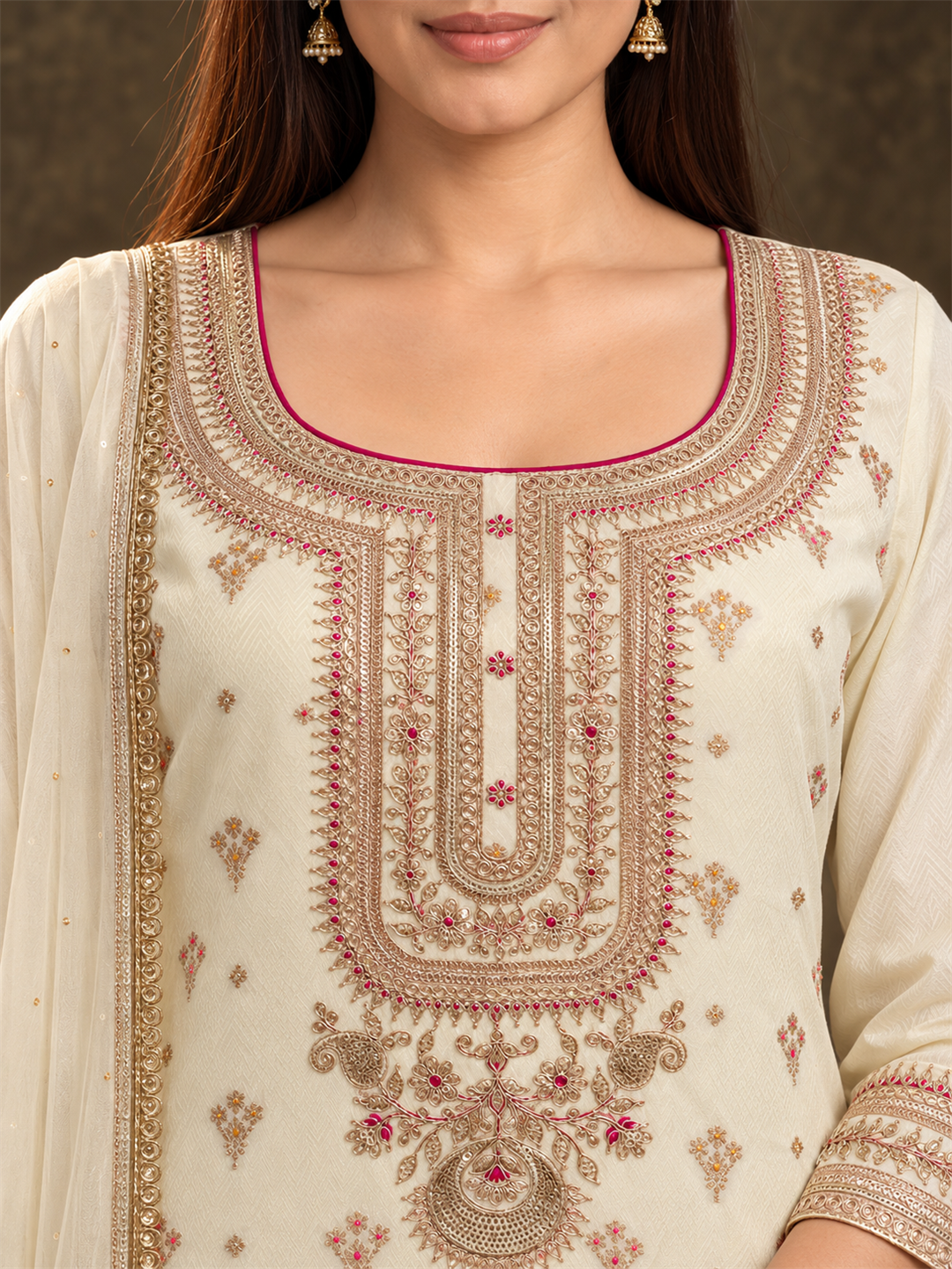 Ivory Silk Blend Embroidered Kurta Pant Set with Dupatta