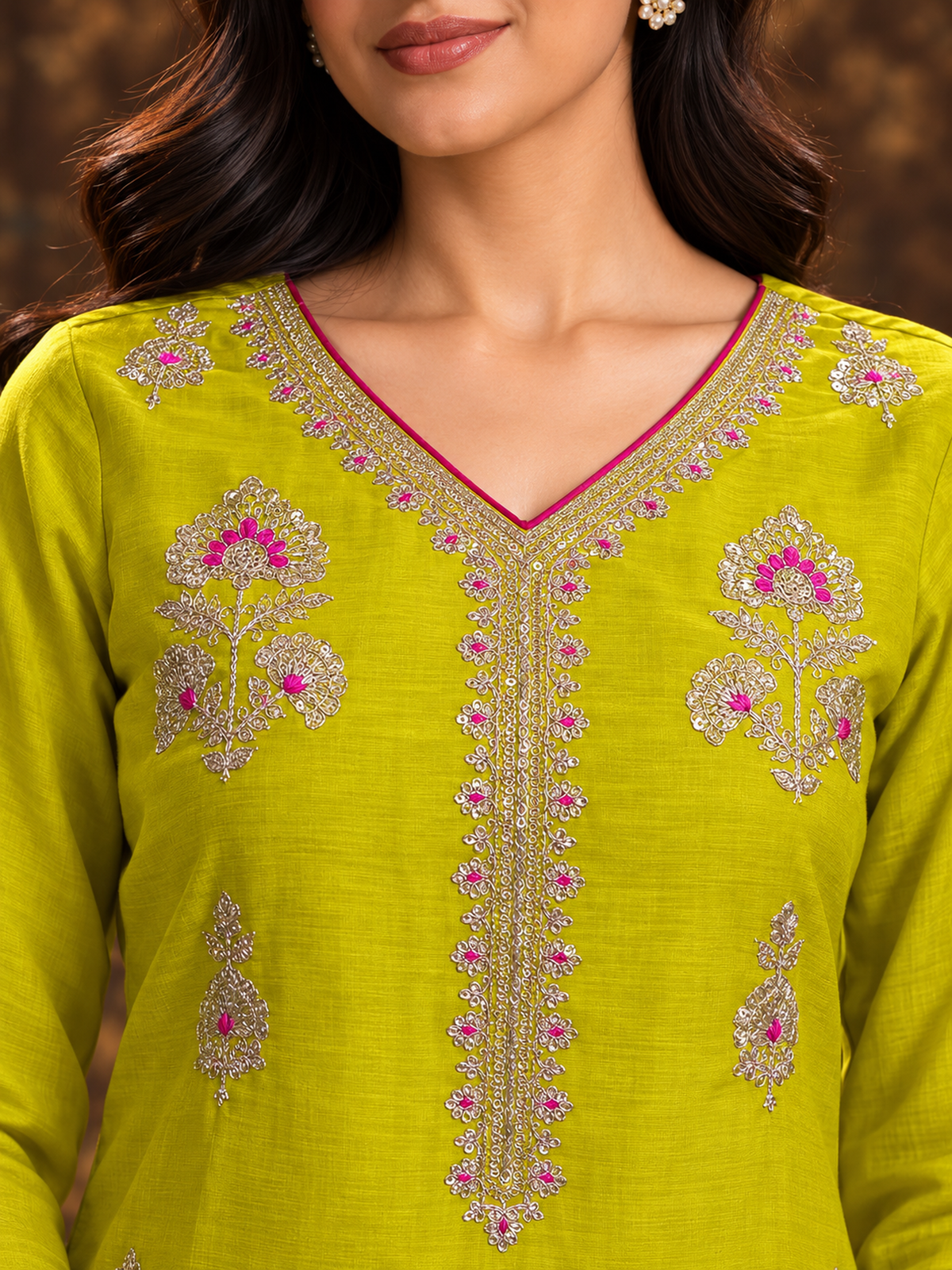 Lime Yellow Silk Blend Floral Embroidered Kurta Trouser Set with Dupatta & Inner