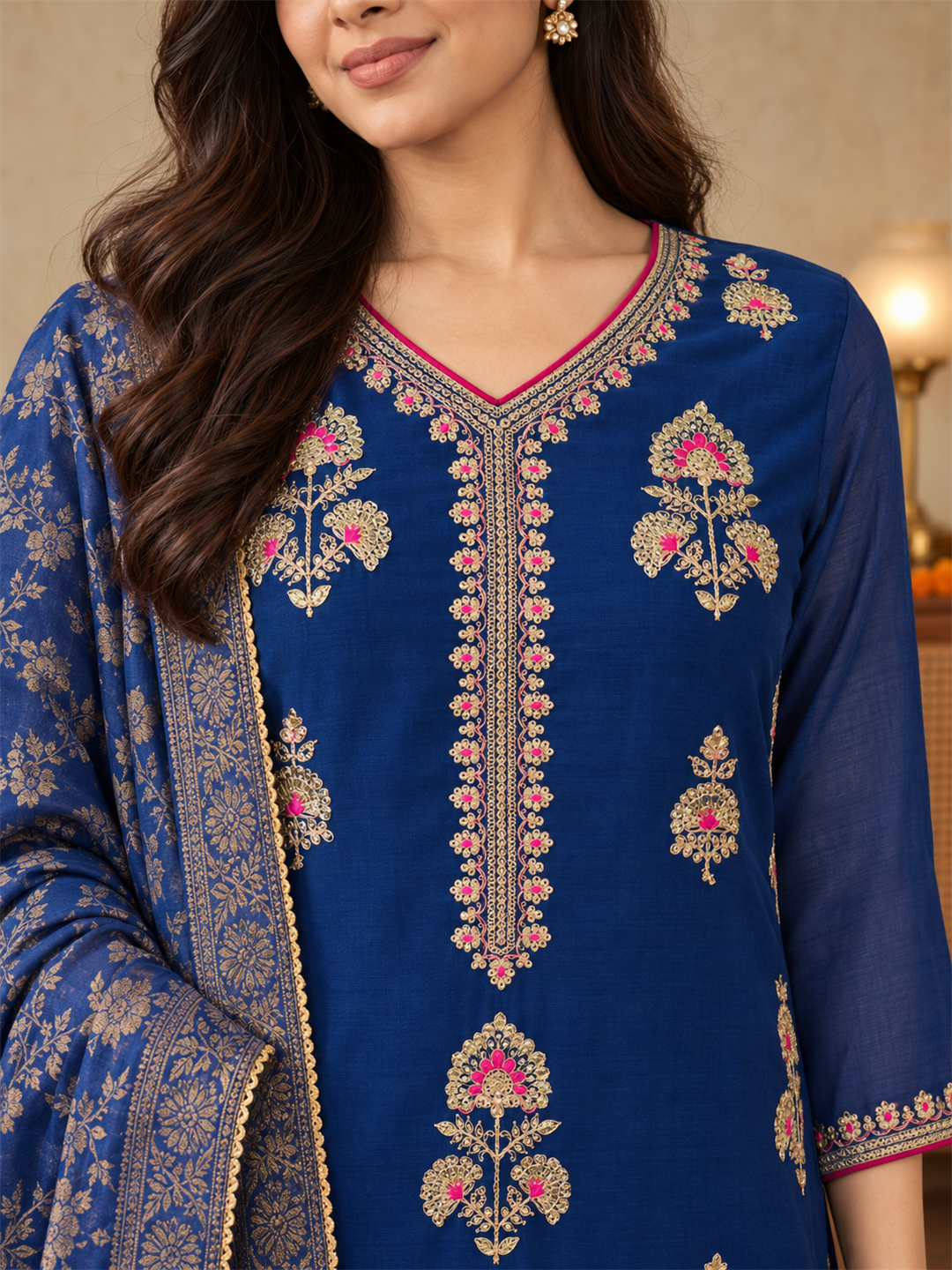 Royal Blue Silk Blend Floral Embroidered Kurta Trouser Set with Dupatta & Inner