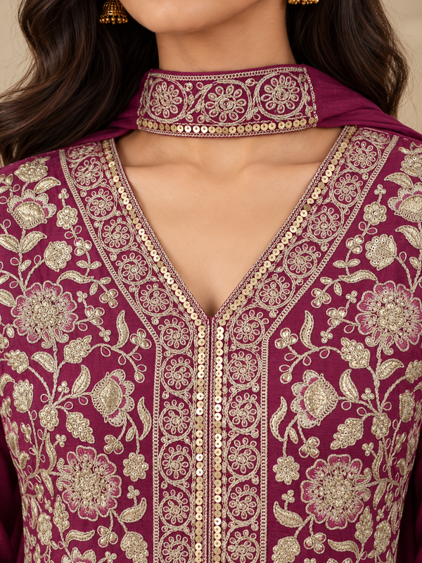 Wine Pure Silk Embroidered Kurta Sharara Set with Dupatta