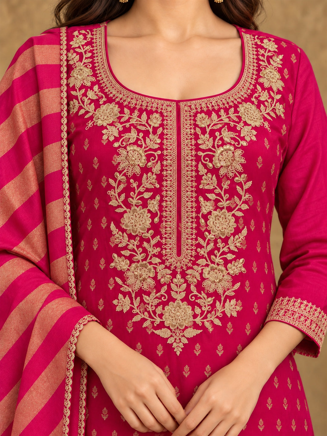 Pink Jacquard Kurta Set with Striped Dupatta