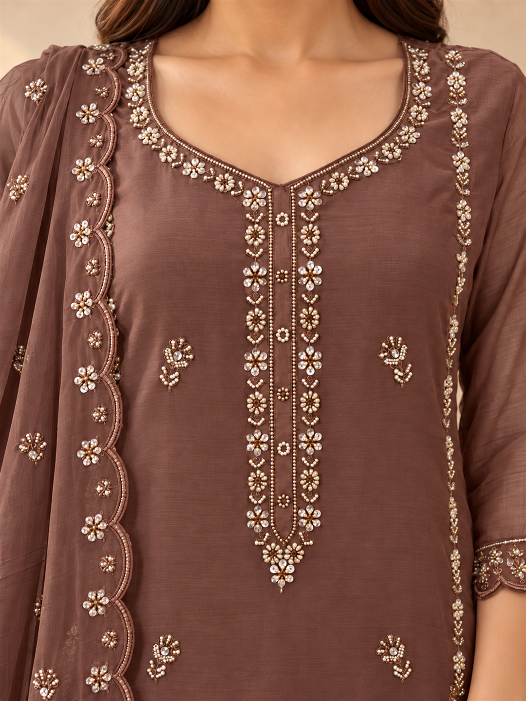 Brown Mul Chanderi Embroidered Straight Kurta Set with Dupatta