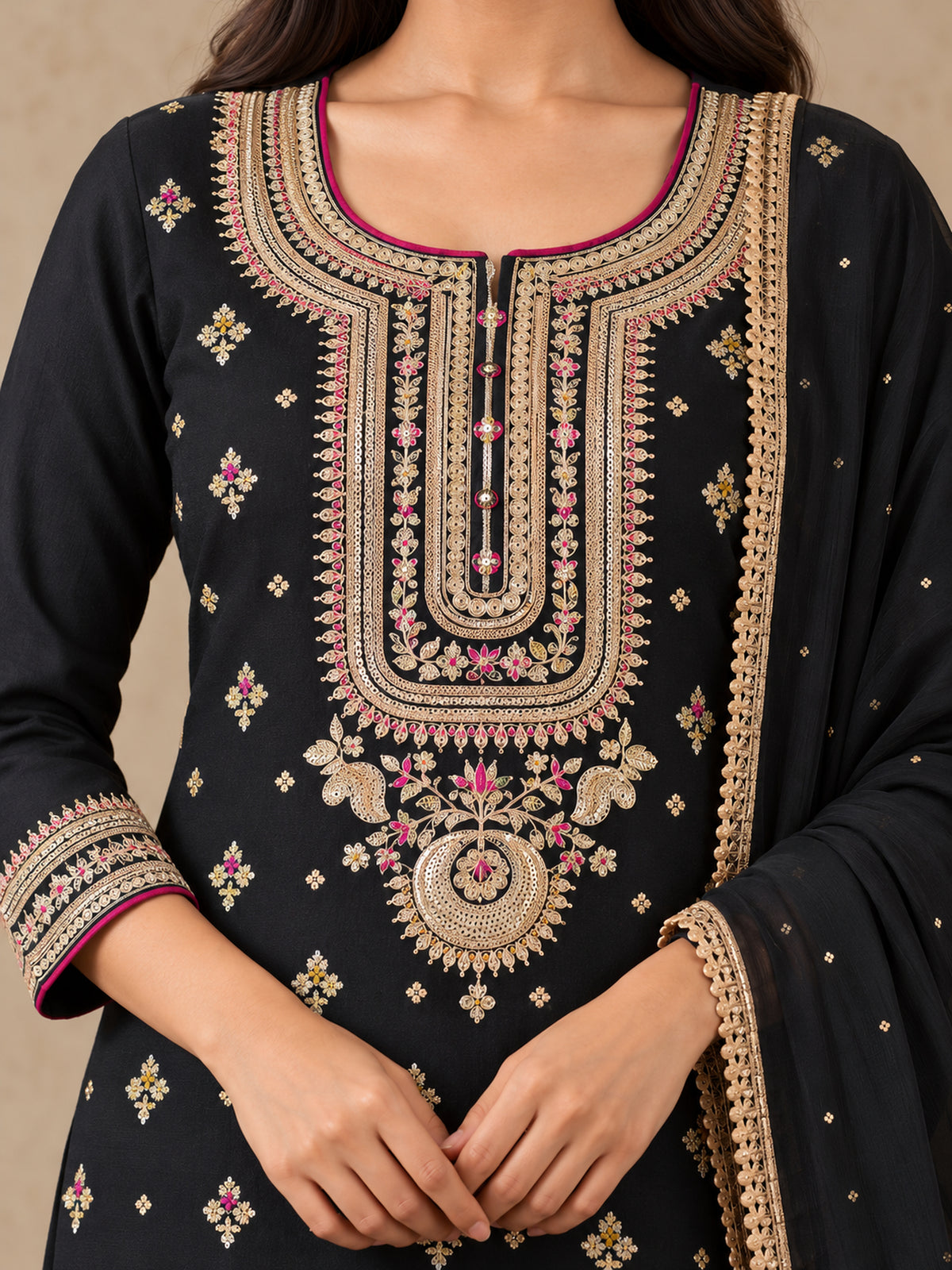 Black Embroidered Silk Blend Straight Suit Set